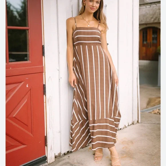 Elegant Brown White Striped Sleeveless Come Sail Away Maxi Sun Dress - Picture 1 of 8